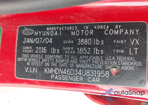 2004 Hyundai Elantra Gls/Gt from USA, damaged, VIN KMHDN46D34U831958